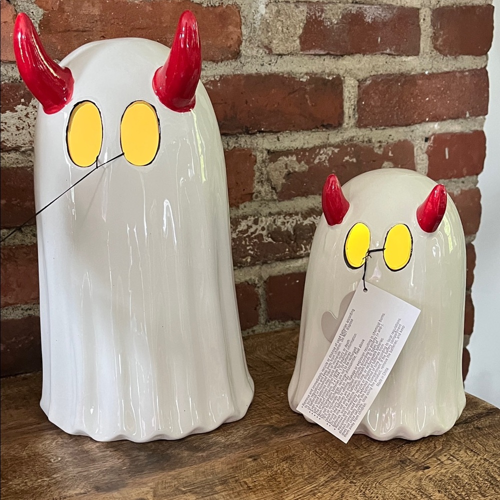 Ceramic Ghost Figurines with Red Horns